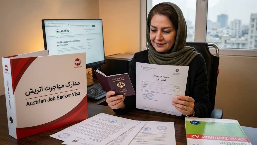 مانیتور وب سایت ارزیابی مدارک آلمان (Anabin) را نشان می دهد و یک کتاب زبان آلمانی Goethe A2 نیز روی میز است.