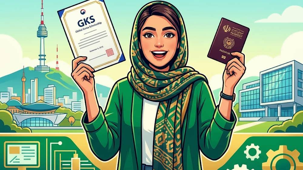 یک پرتره گرافیکی از یک دانشجوی ایرانی الاصل که با هیجان گواهی بورسیه GKS (Global Korea Scholarship) و پاسپورت ایرانی را در دست دارد.