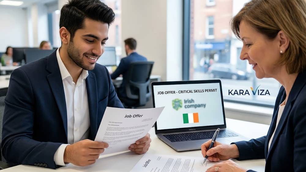 یک متقاضی ایرانی در حال امضای یک پیشنهاد شغلی (JOB OFFER) با یک کارفرمای ایرلندی در یک دفتر کار، با هماهنگی برای اسپانسرشیپ ویزای کاری.