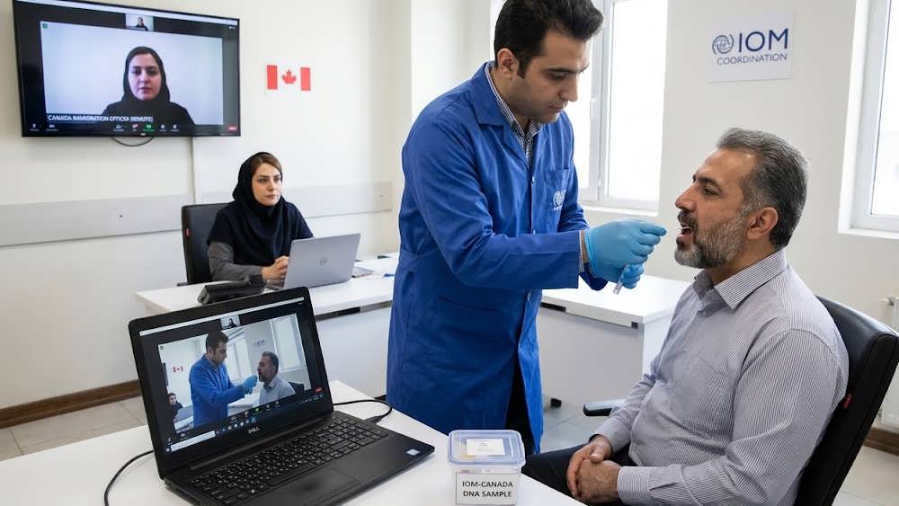 نمونه گیری DNA در یک دفتر هماهنگی (IOM) با نظارت ویدیویی زنده یک افسر مهاجرت کانادا از راه دور، برای اطمینان از صحت فرآیند.